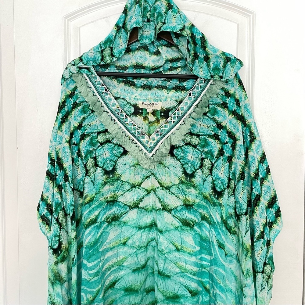 ROCOCO SAND turquoise blue embellished hooded kaftan maxi x Small One Size Fits - Picture 3 of 7